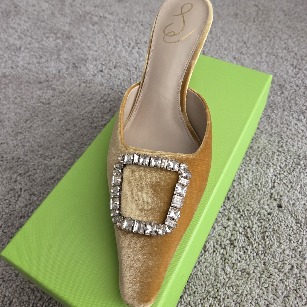 Sam Edelman Gold Velvet Mules with Crystal Accent
